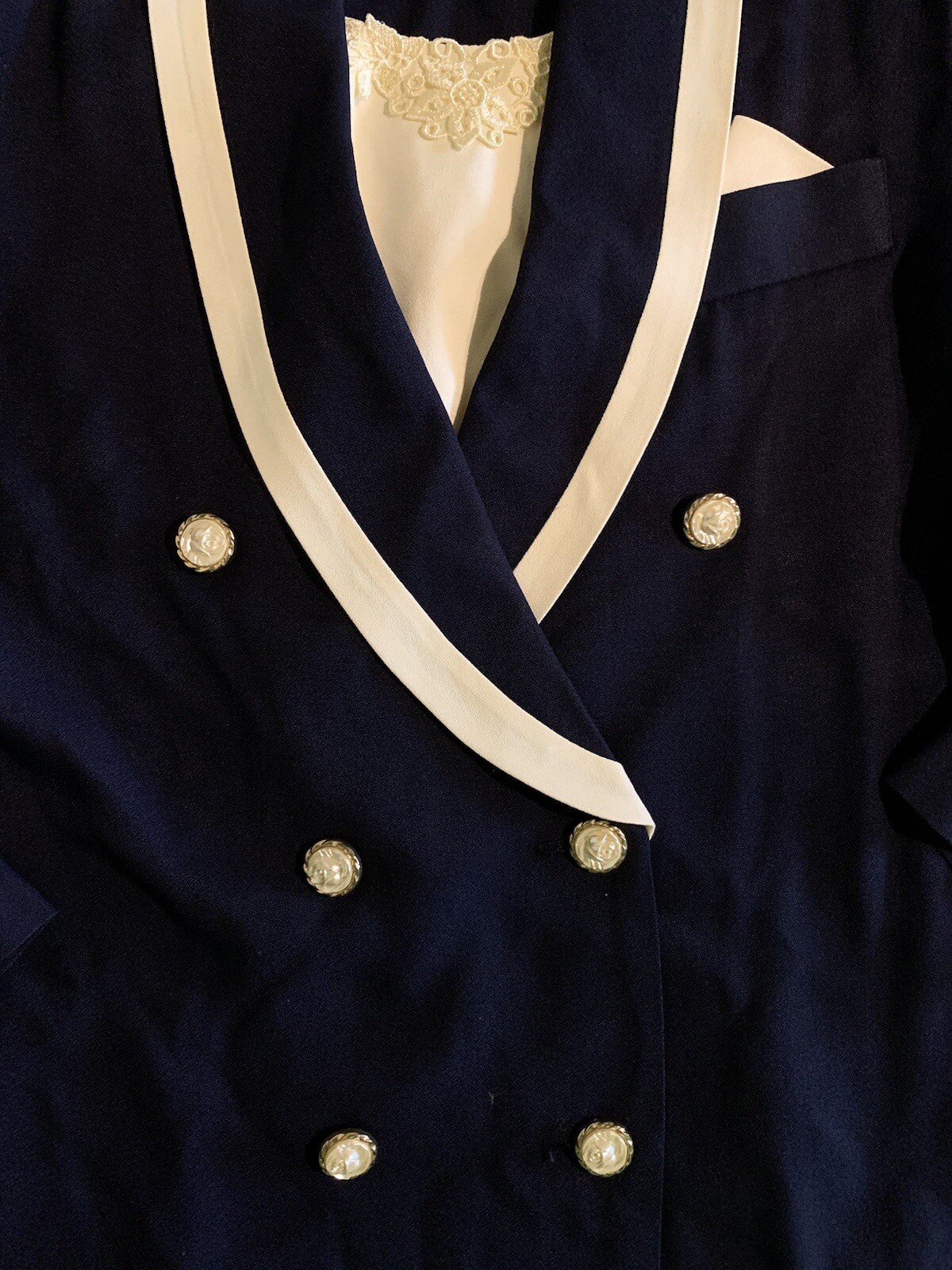 Vintage Michael Blake Navy Blue & Ivory 2pc Secretary Skirt Suit Set