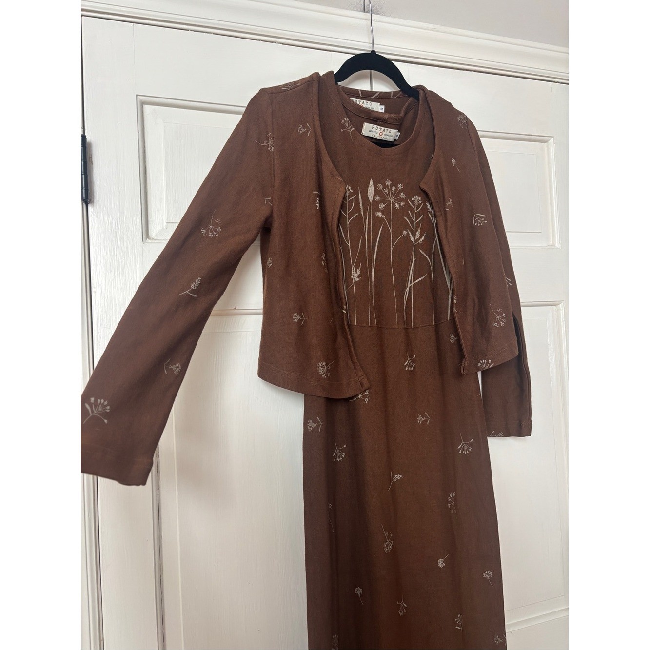 Vintage Potato Clothing Brown Maxi Dress Matchin Cardigan Cottagecore Size Small