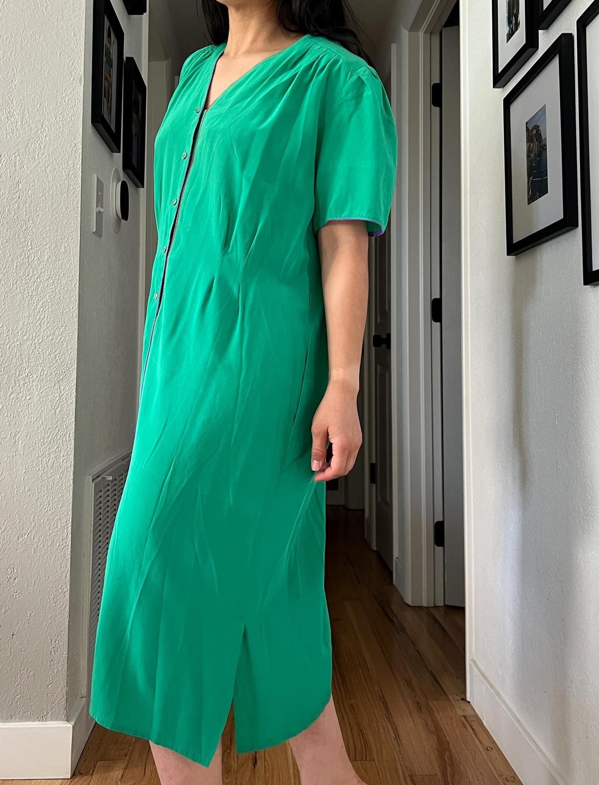 vtg bright green silk midi shift dress size 16 purple red plus work business