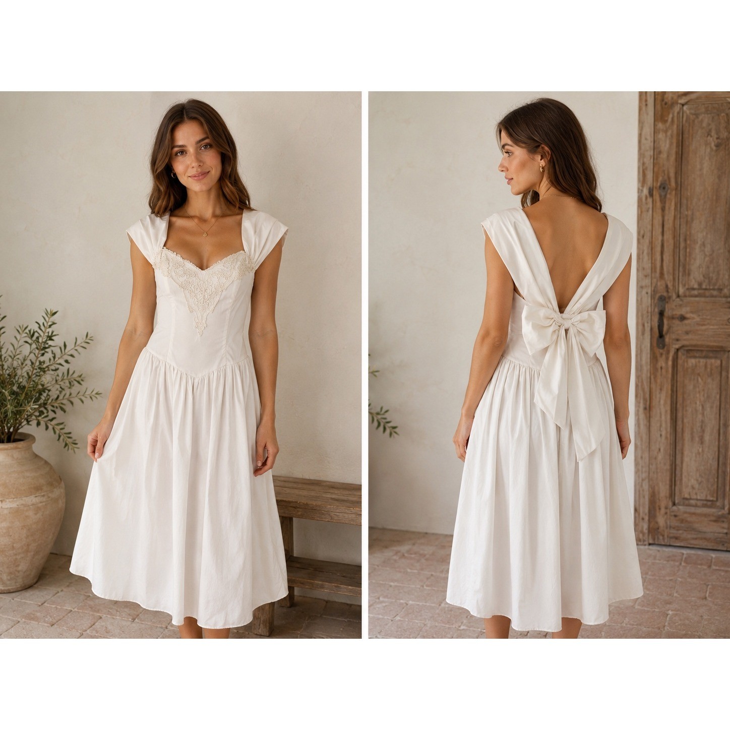Jessica McClintock Gunne Sax VTG White Lace Sweetheart Midi Dress 7/8 Bow Bride