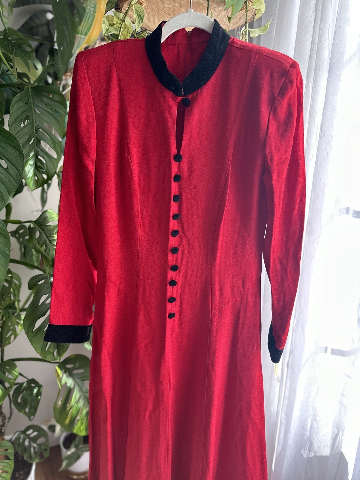 Vintage Julian Taylor Red Maxi Dress With Velvet Cuffs And Collar