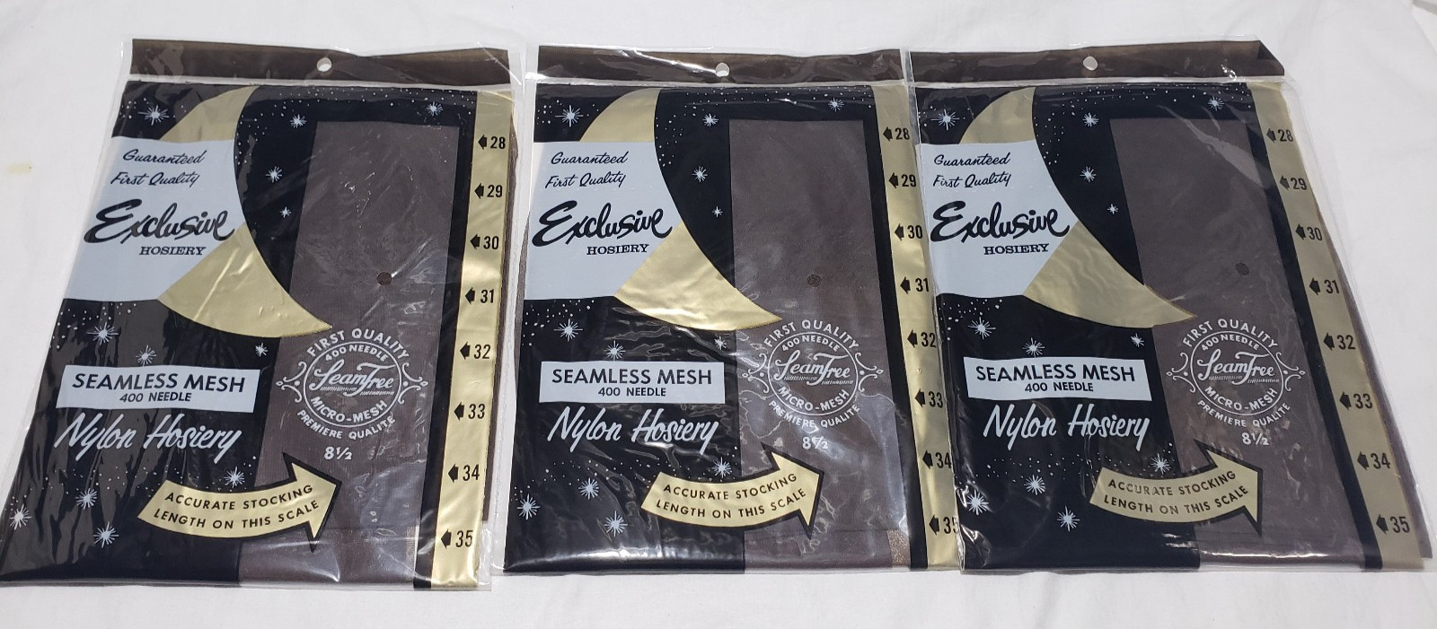 3 Pair NOS Exclusive Hosiery Seamless Mesh Nylon Stockings 8-1/2 Beige 1960s