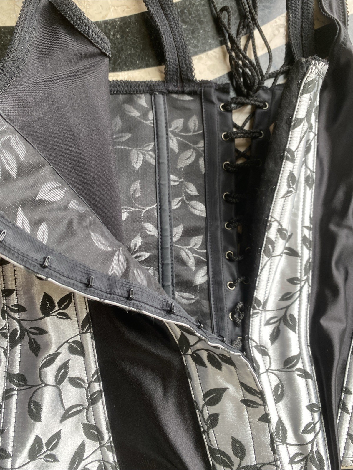 Vintage Corset Top 90s Black Silver Coquette Floral Lace Up Fairy Size 38 Large