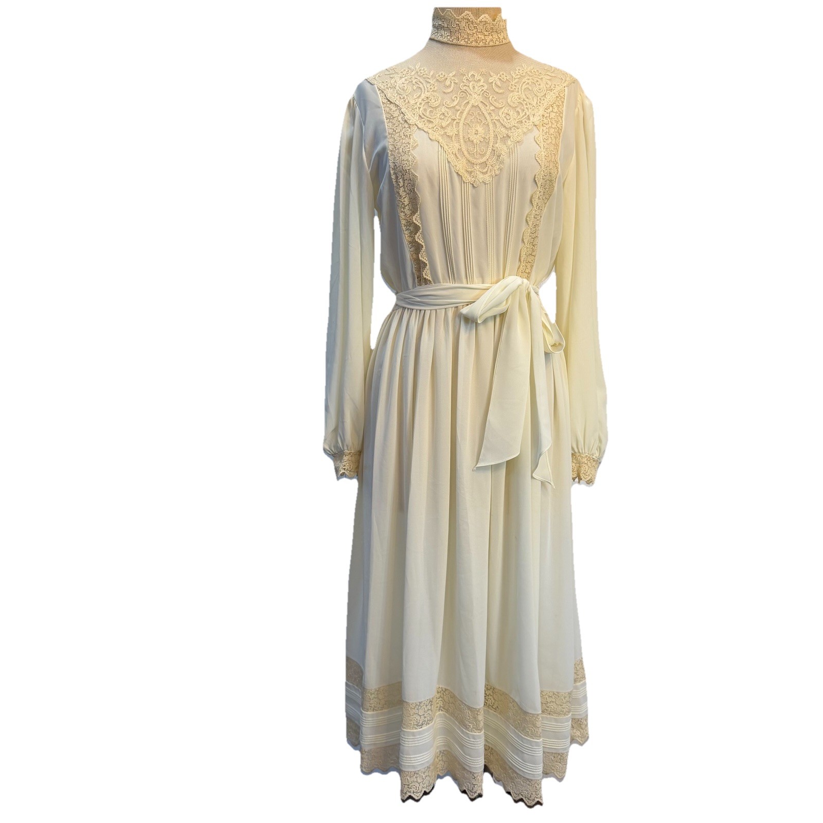 Vintage 70s Bonnie Strauss Dress Medium Lace Sheer Victorian Cottage Prairie 80s