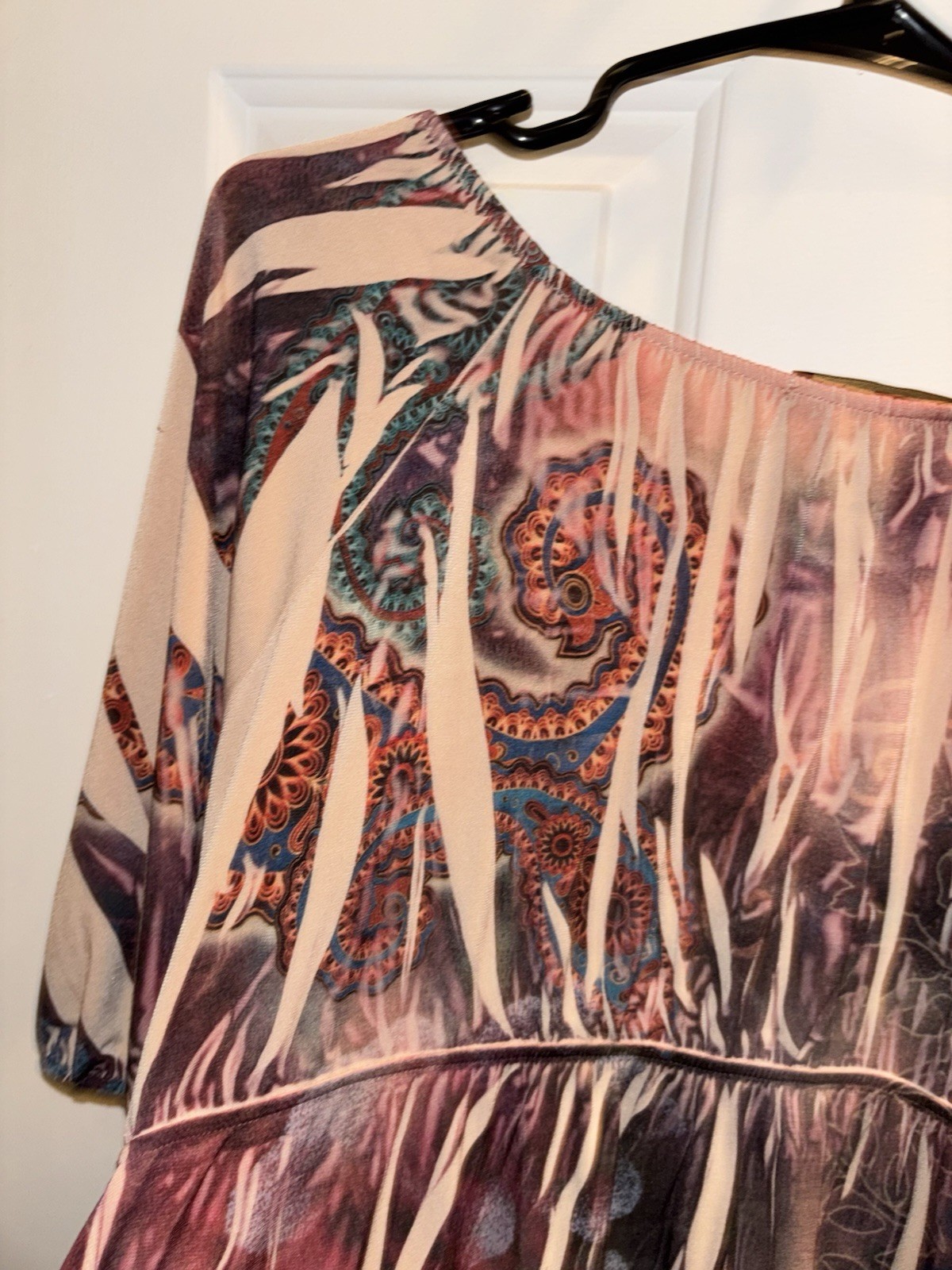 Women’s Large Top Boho Y2K Mandala Print V Neck Tunic Brown Tan Rust Blue Blouse