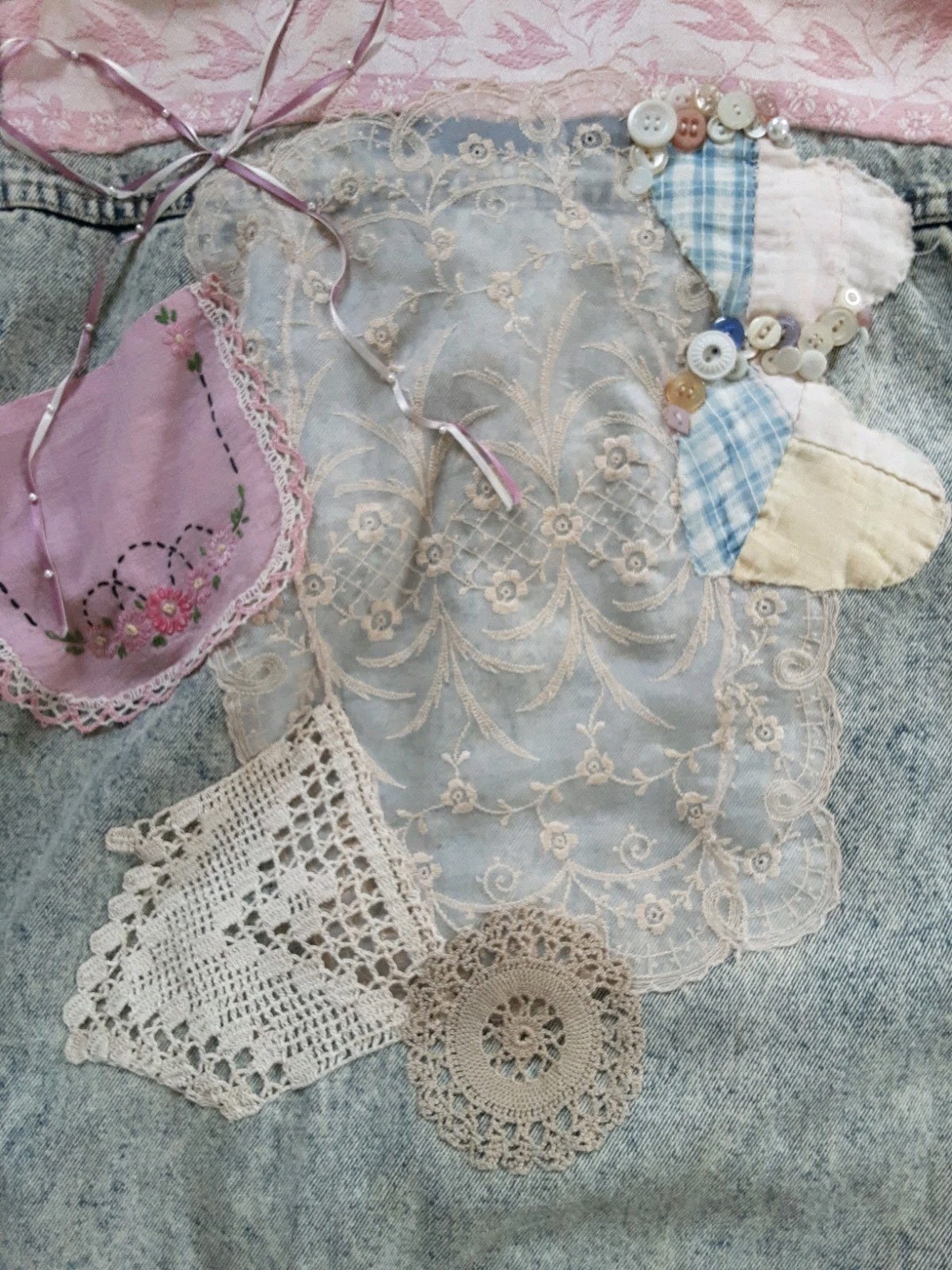 VTG Denim & Old Lace Embellished Jacket Embroidery Boho Chic Cottagecore M-L