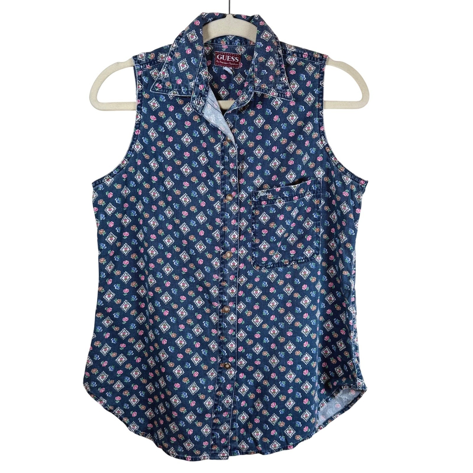 VTG Guess USA Sleeveless Snap Front Top Women’s Small Blue Floral Cotton Western
