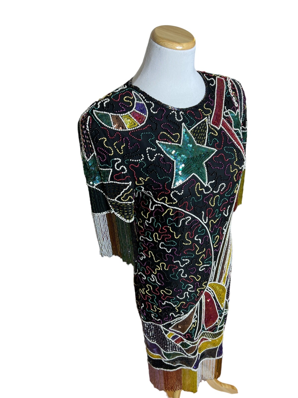 Vintage Beaded Sequin Party Dress Art Deco to Wear 80s Abstract Black Silk Sz S