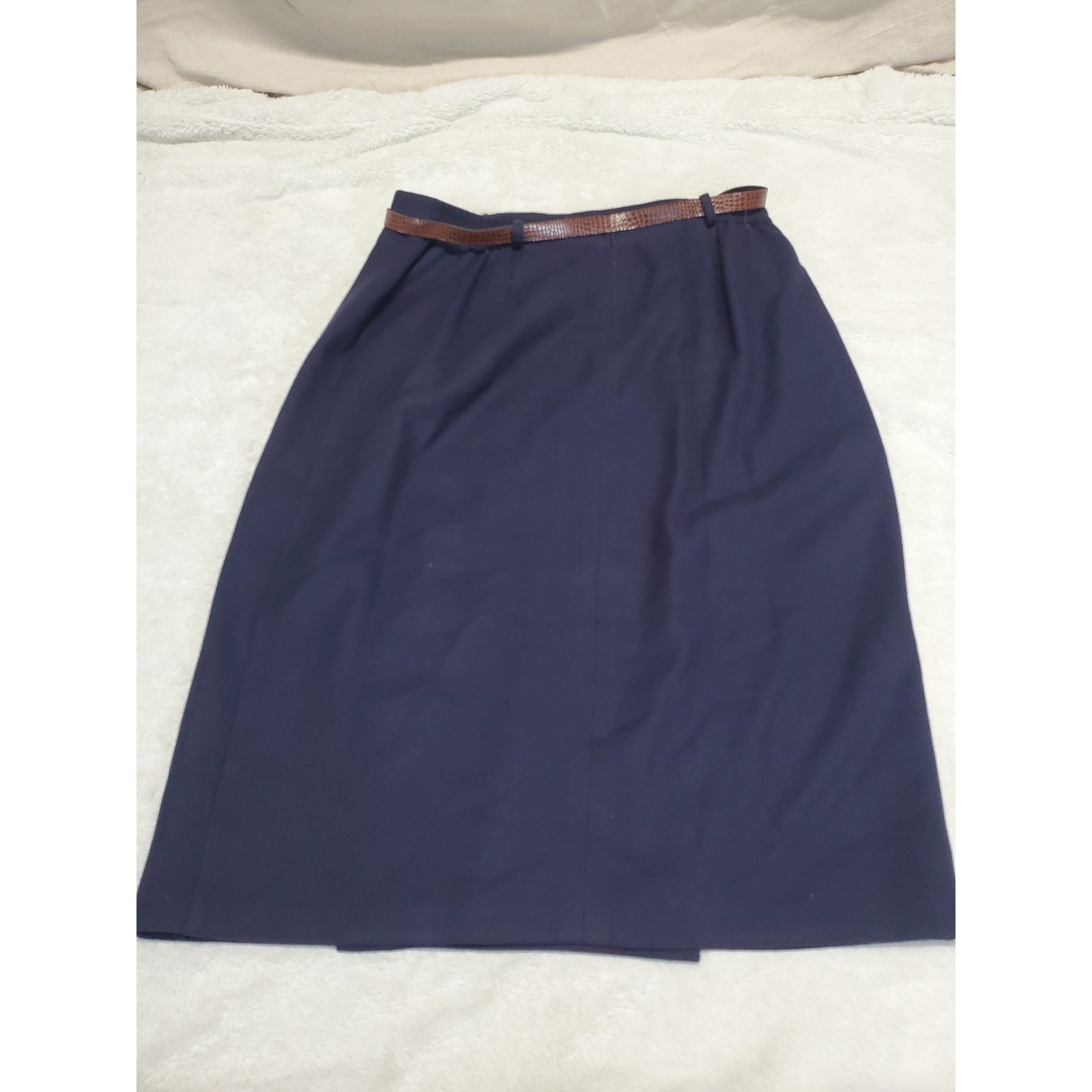 Vintage Navy Blue Wool A Line Wrap Belted Skirt 20W Academia Twee Office Classic
