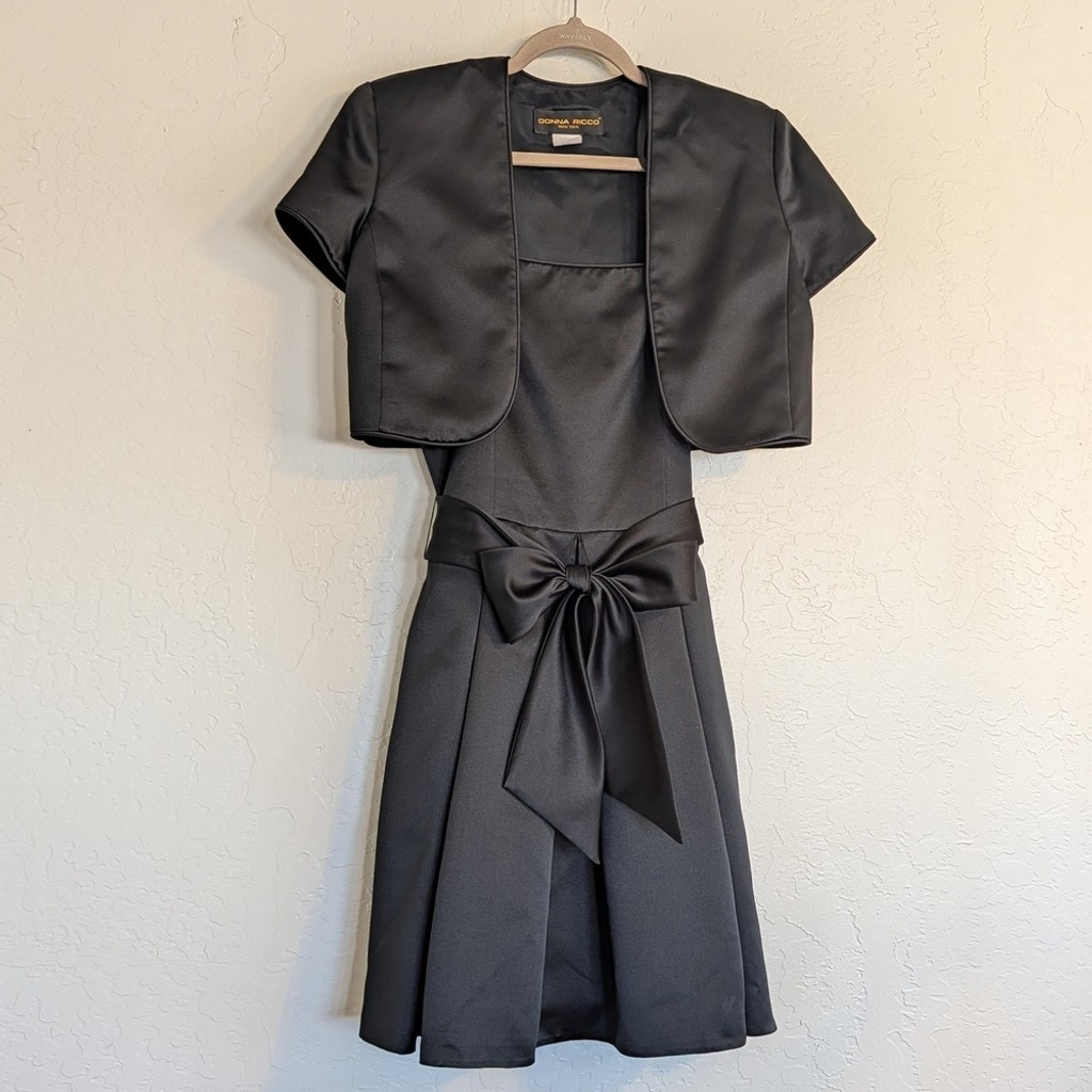 VTG LBD Two Piece Satin Bow Dress Bolero Jacket Cocktail Evening Formal Midi