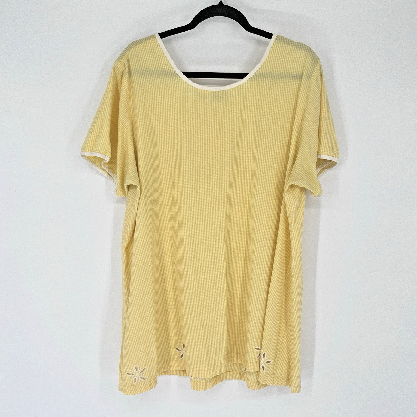 Vintage Go Softly Sz 1X Yellow Gingham Blouse Floral Buttons Tunic White Trim