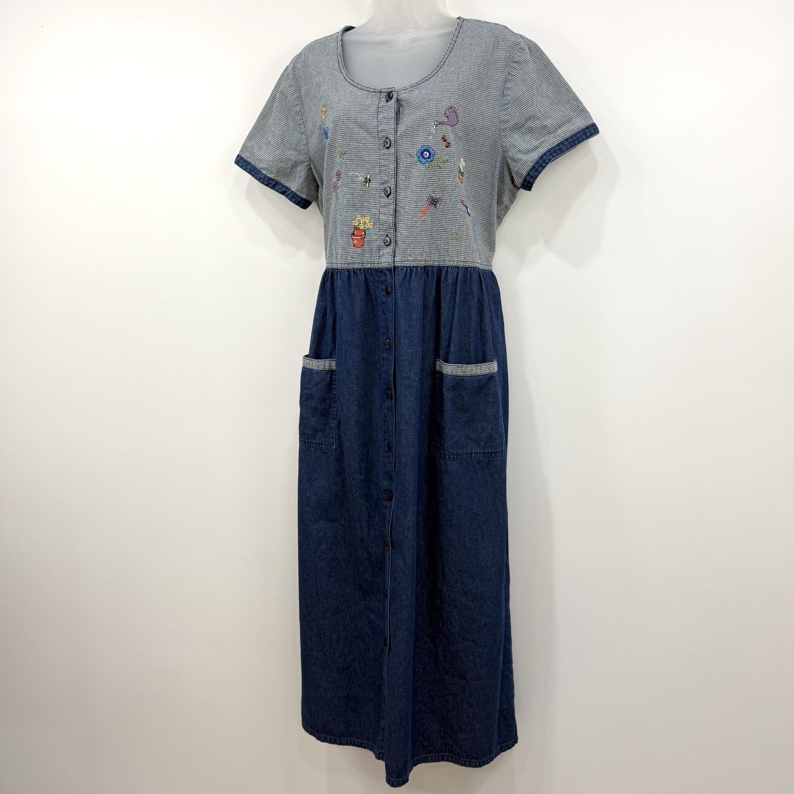 VTG 90s Bobbie Brooks Denim Dress XL Garden Gingham Cottage Country Teacher Maxi