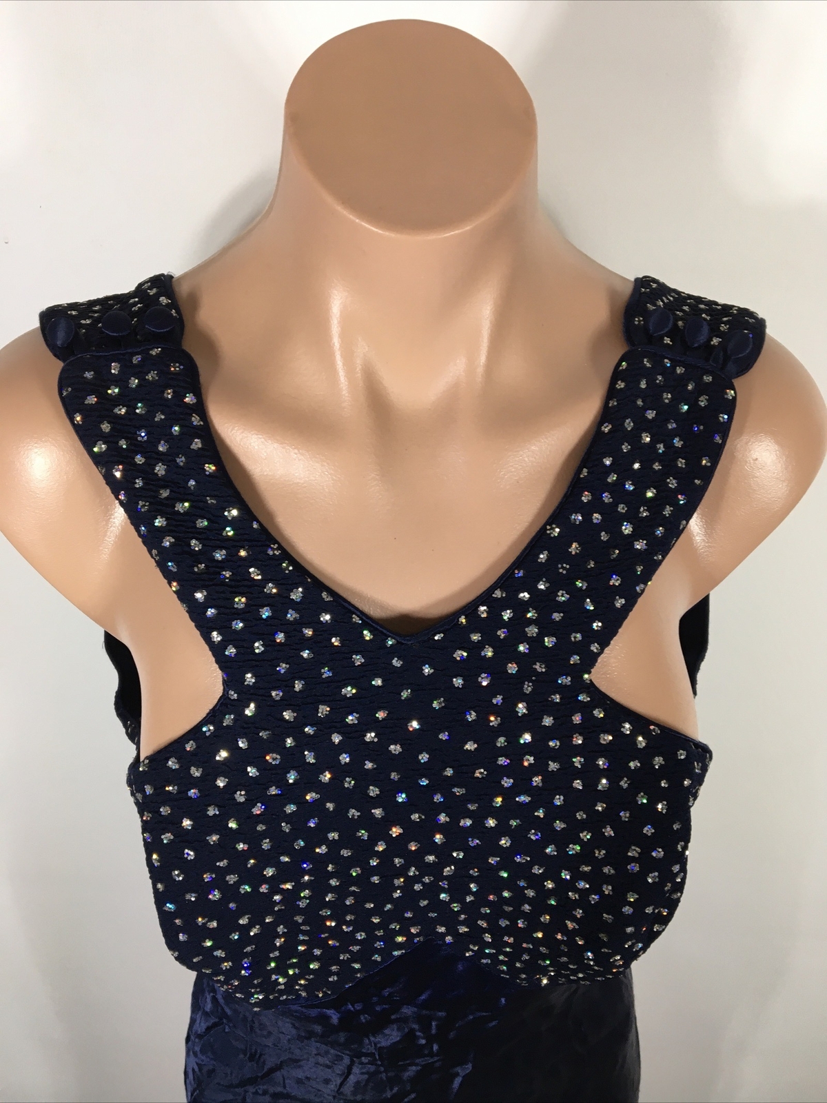 Vtg 90s y2k L.A. Glo Blue Glitter Prom Dress Evening Formal High Neck Backless