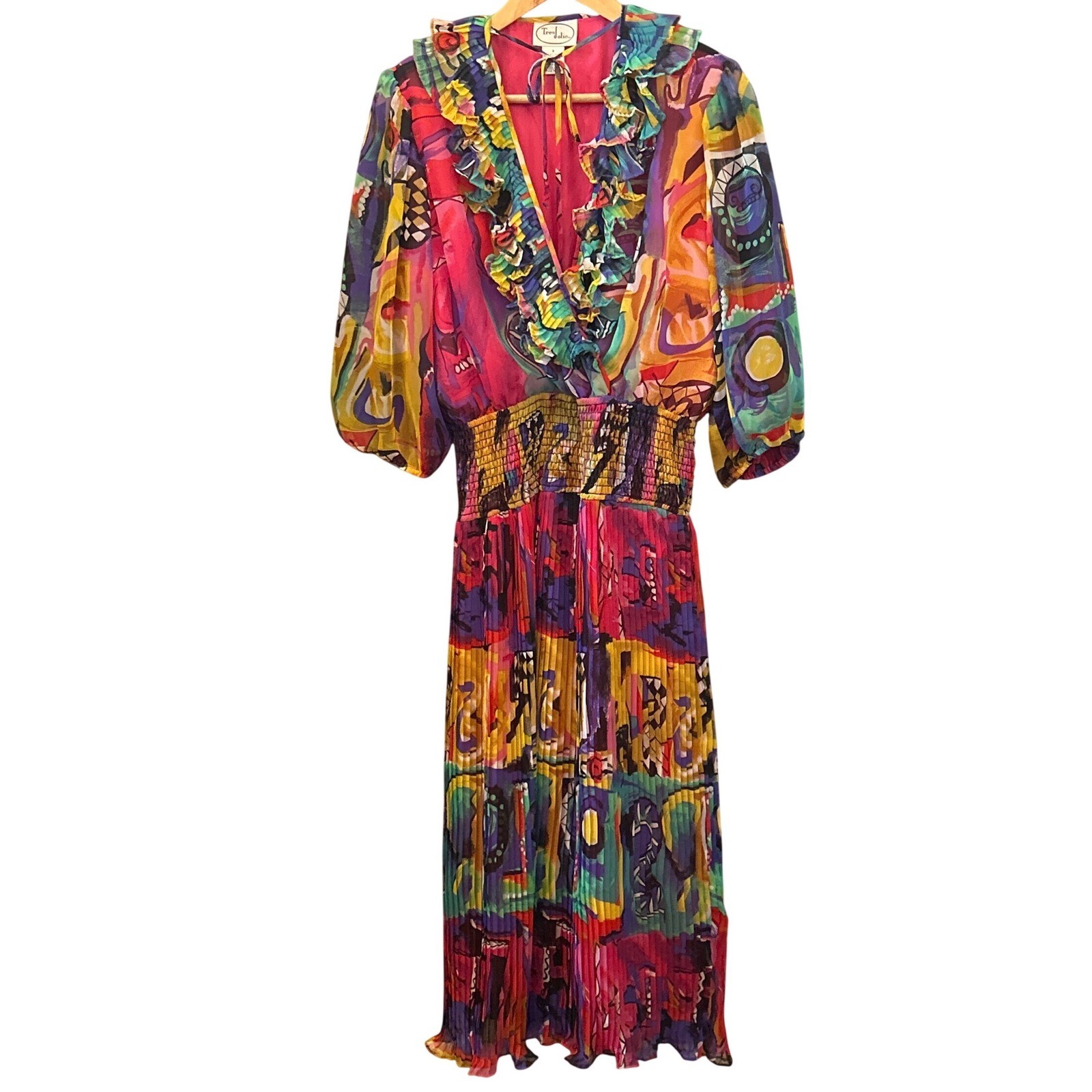Vintage Tres Jolie Midi Dress Abstract Maximalist Art Deco Avant Garde