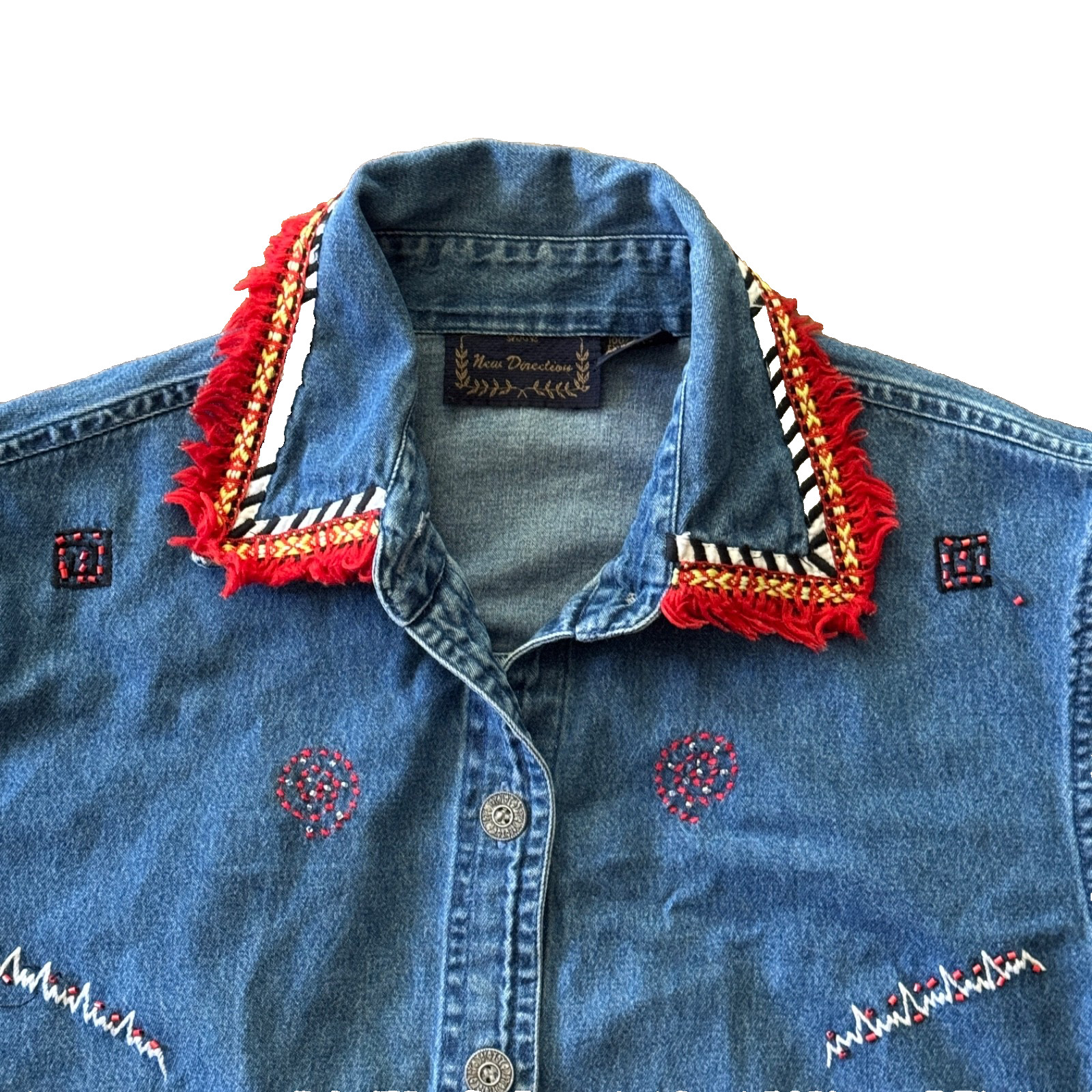 Vtg Y2K 90s Denim Shirt Women S Western Boho Southwestern Embroidery Fringe