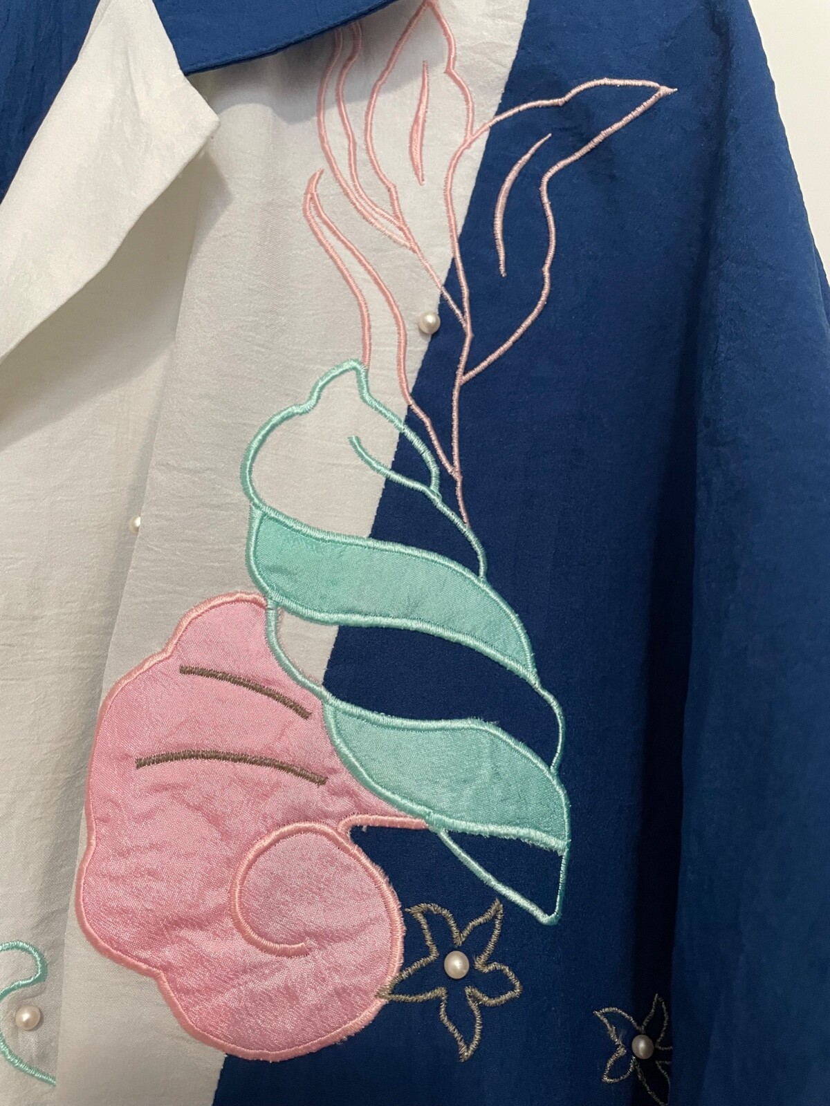 1980’s Bonnie Blair L/XL Women Top Blue Retro Sea Shell Gramma VTG Nautical EUC