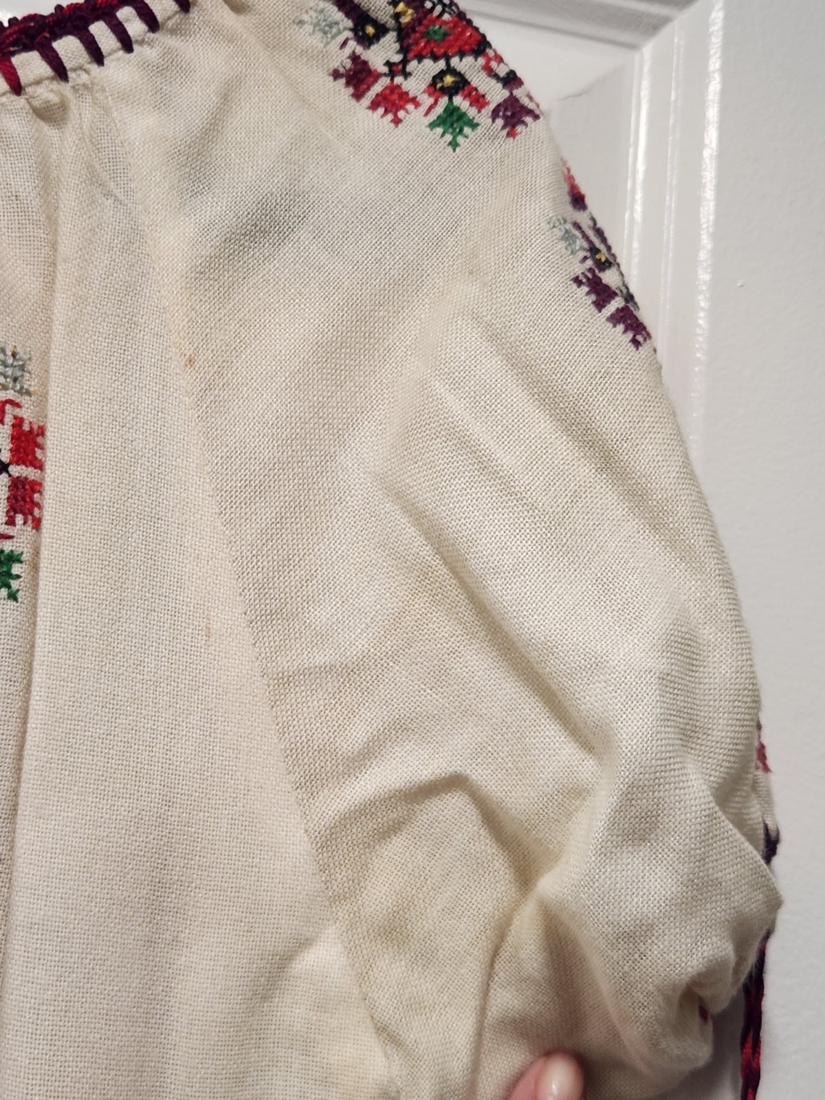 Vintage Hand Embroidered Romanian Folk Blouse Boho Ethnic Peasant Top White L/XL