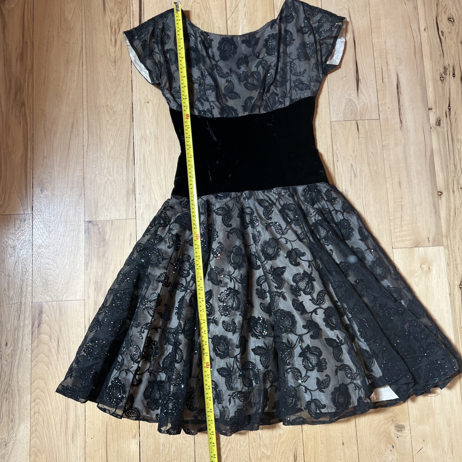 Vintage Hand Made Party Dress, Black Lace And Velvet, Knee Length, Fits Like 6