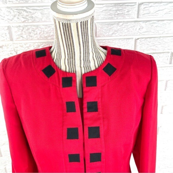 Vtg Leslie Fay Red Cropped Jacket Black Square Trim Shoulder Pads Sz 8 Petite