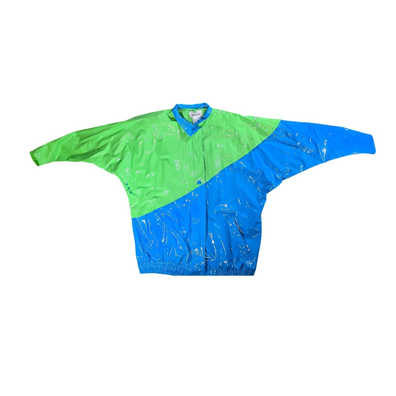 Vintage 80s Kenn Sporn for Wippette Vinyl Raincoat Jacket Neon Green Blue Medium
