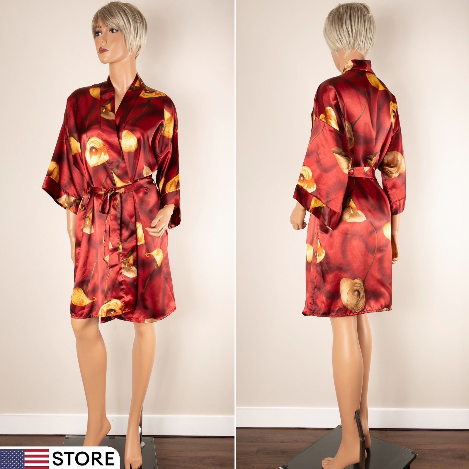 Vintage KRISTINE TYLER Intimates OSFA Floral Satin Kimono Robe Maroon Belted USA