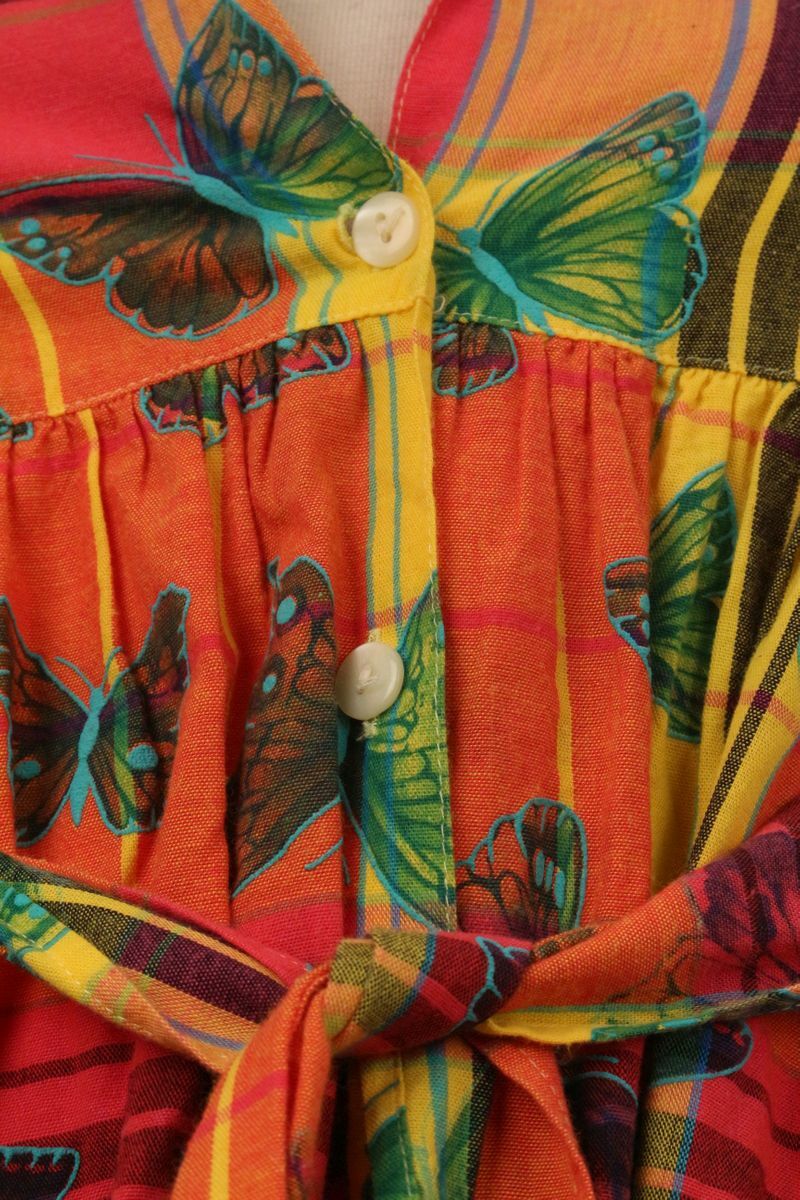 Summer Dress Short Sleeve Butterflies Belted Buttons Size 146 Cotton Vintage