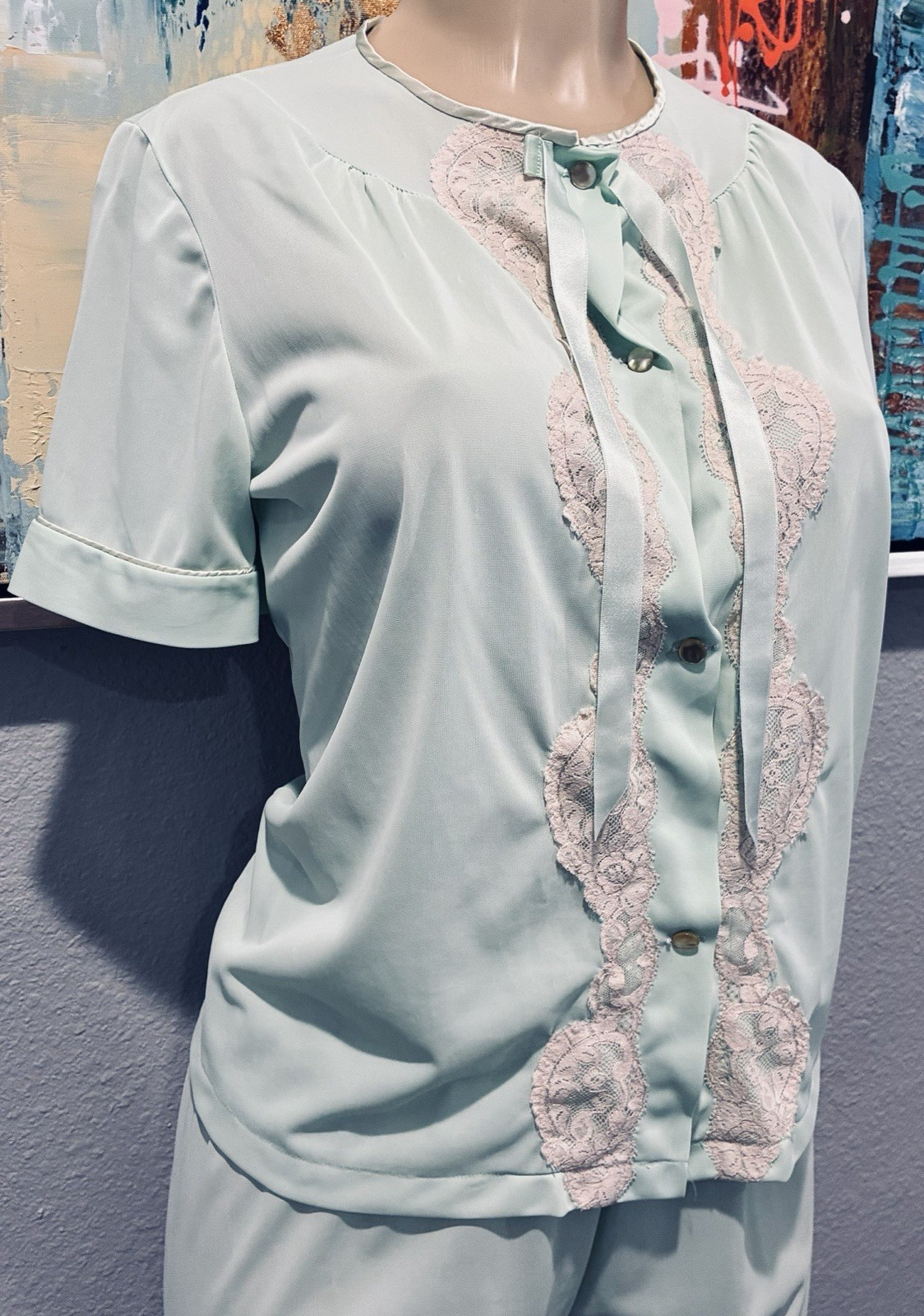 Vtg Mint Nylon Lace Top Lounge Pants Pajamas 34 S