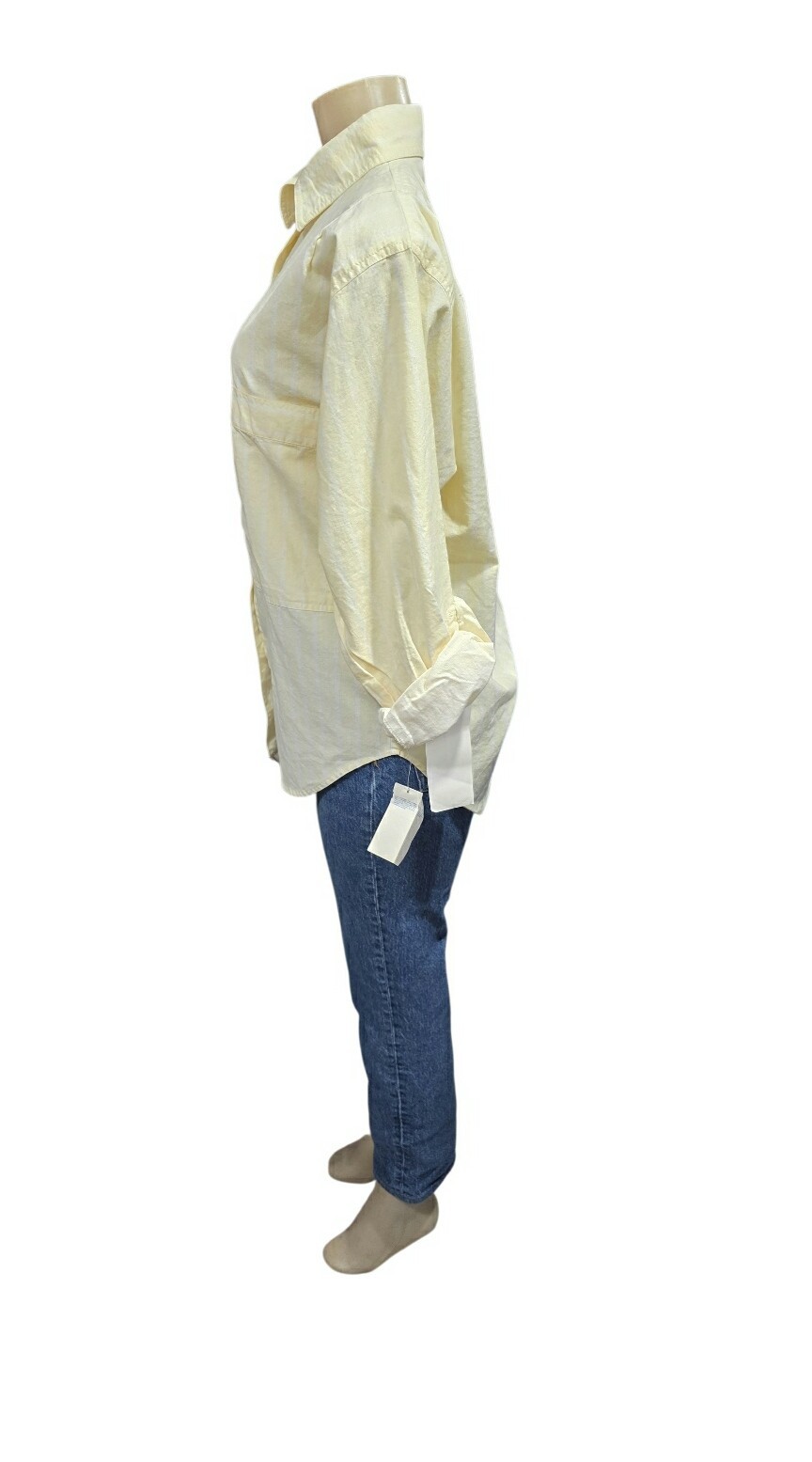 VTG 80s Ilio Striped Yellow White Button Up Shirt Roll Tab Sleeve Size S