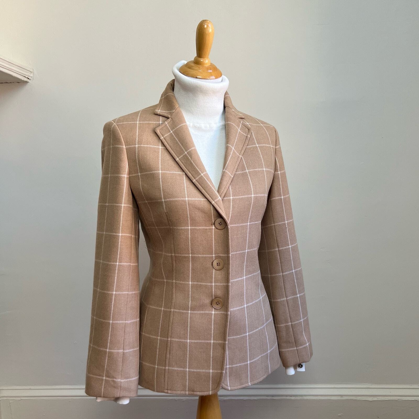 Vintage Talbots Wool Cashmere Tan Brown Plaid Windowpane Blazer Jacket Women 10P