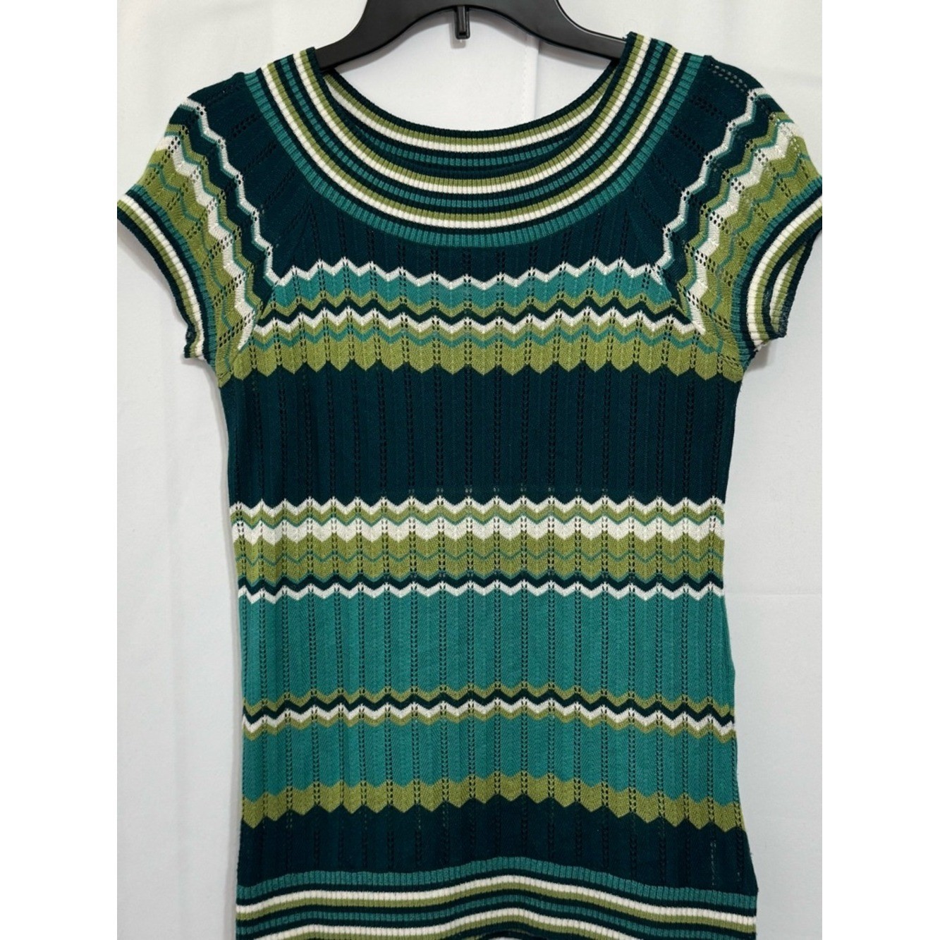 AB Studio Chevron Pointelle Knit Top Medium Teal Green Striped Retro lightweight