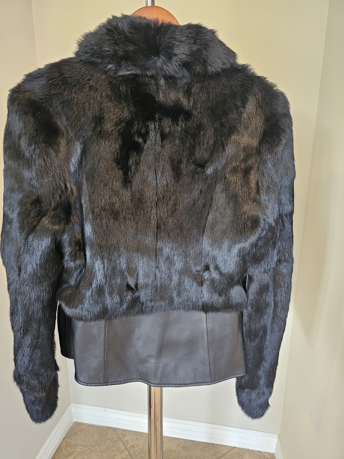 Black Rabbit Fur Coat Jacket Vintage, Made in Hong Kong, Size S/M