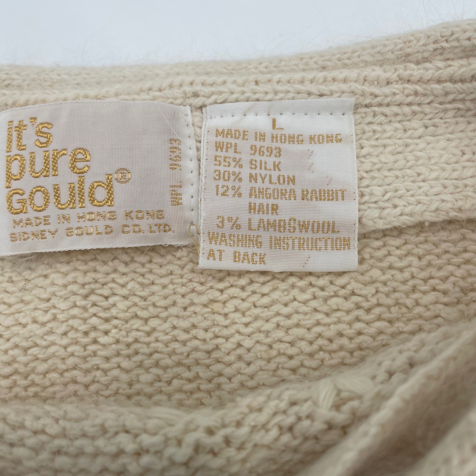 Vintage It’s Pure Gould Silk Angora Lambswool Sweater Cream Floral Pearl Large