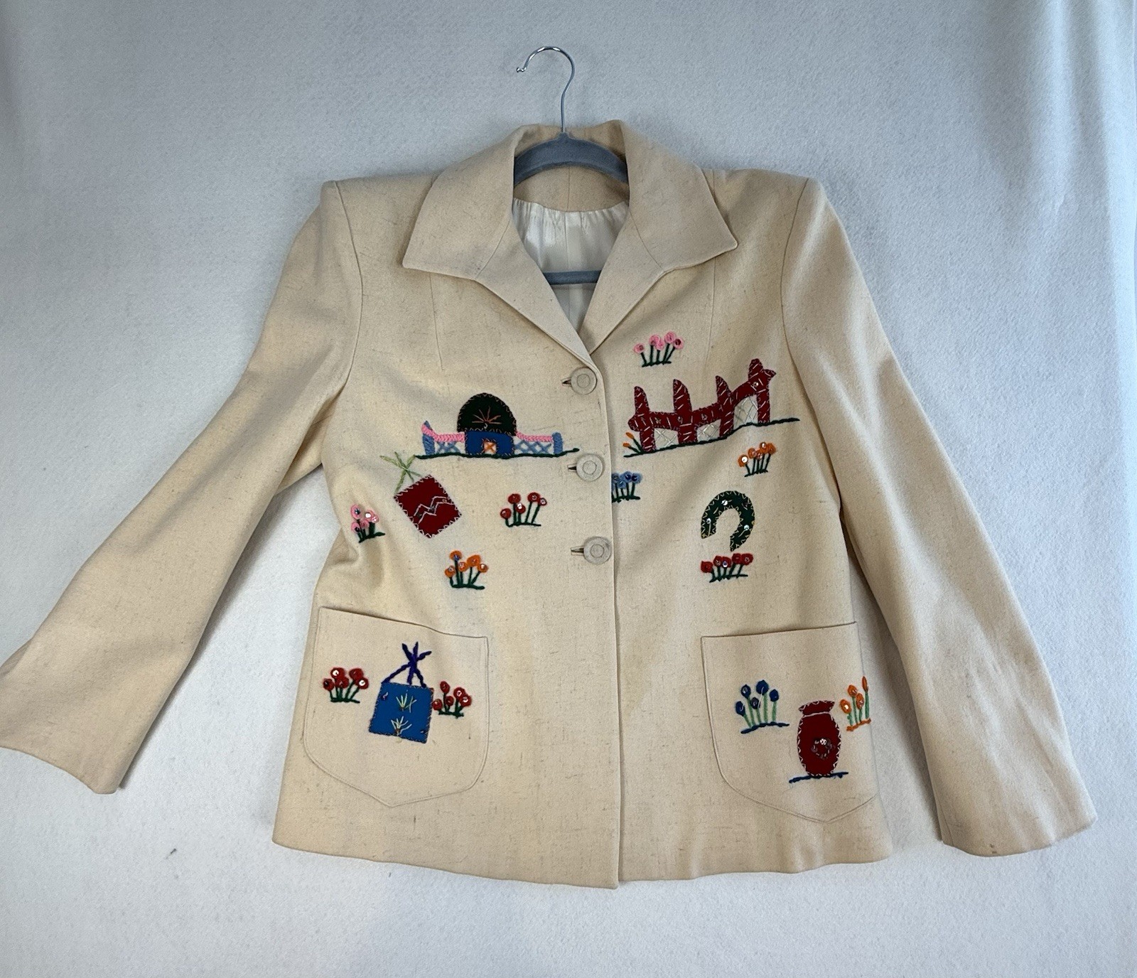 Vtg 1950s Beige Wool Mexican Souvenir Jacket W People Palms Cactus Village Life