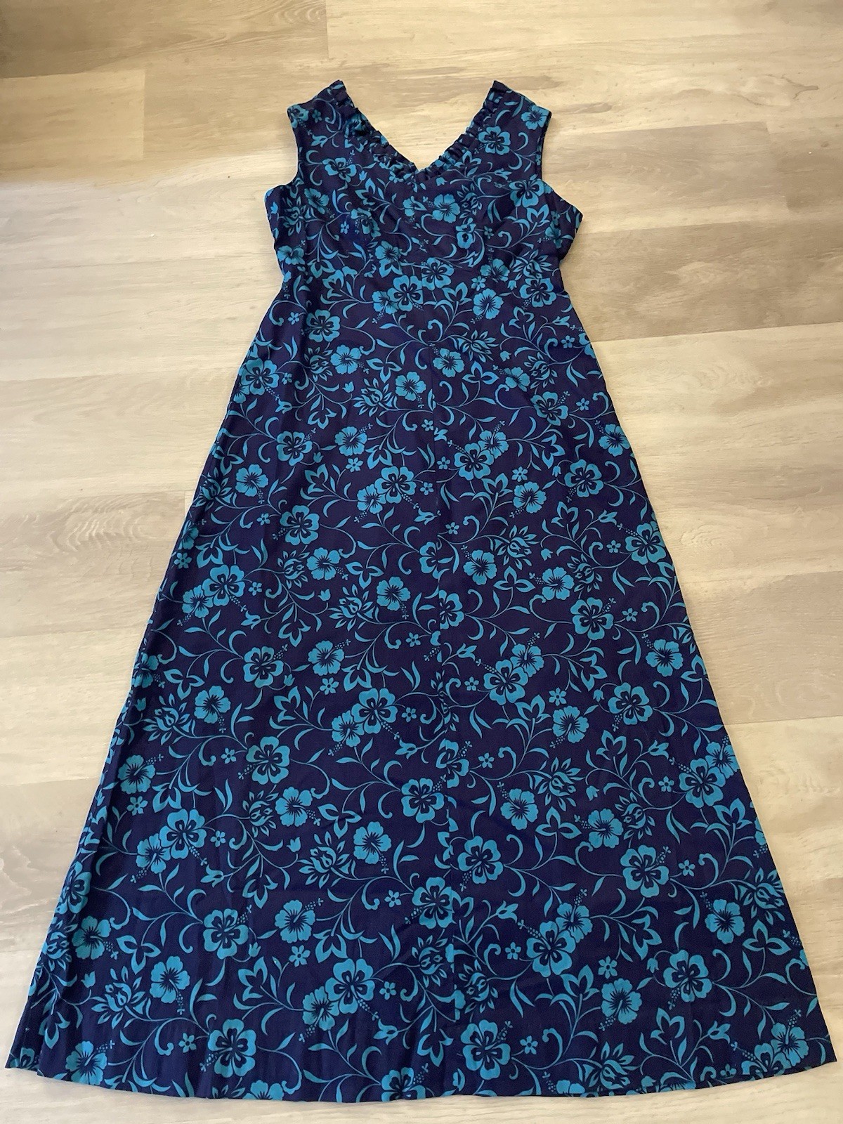 60’s ~ 70s Hawaiian Maxi Dress Hukilau Fashion Barkcloth Vintage ~ Blue Hibiscus