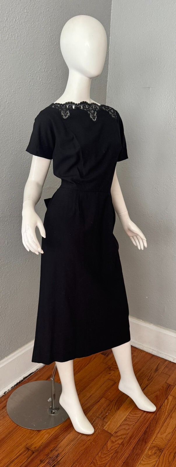 Vintage 60s Black Plunging Bow CHARLES COOPER Cocktail Party Dress M