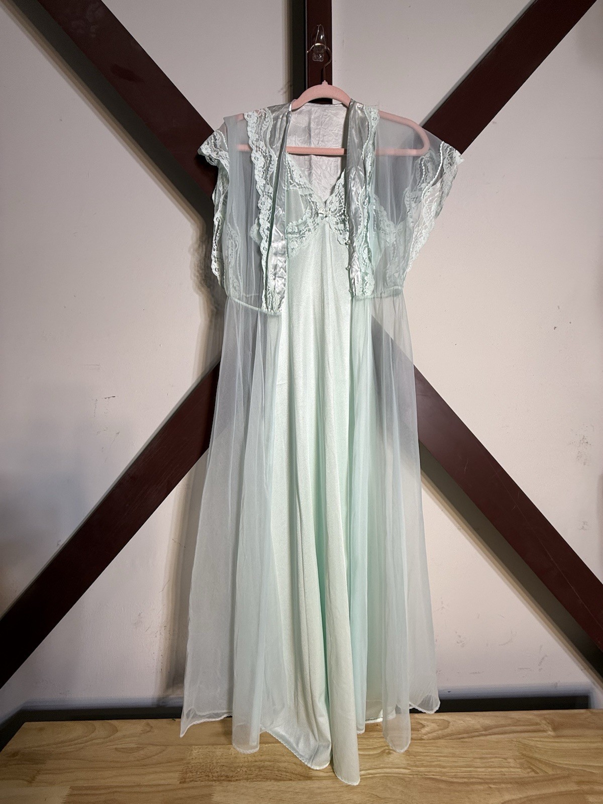2pc 60s Vintage Nightgown PEIGNOIR Robe Set BABYDOLL Sheer CHIFFON Gown S/M Blue