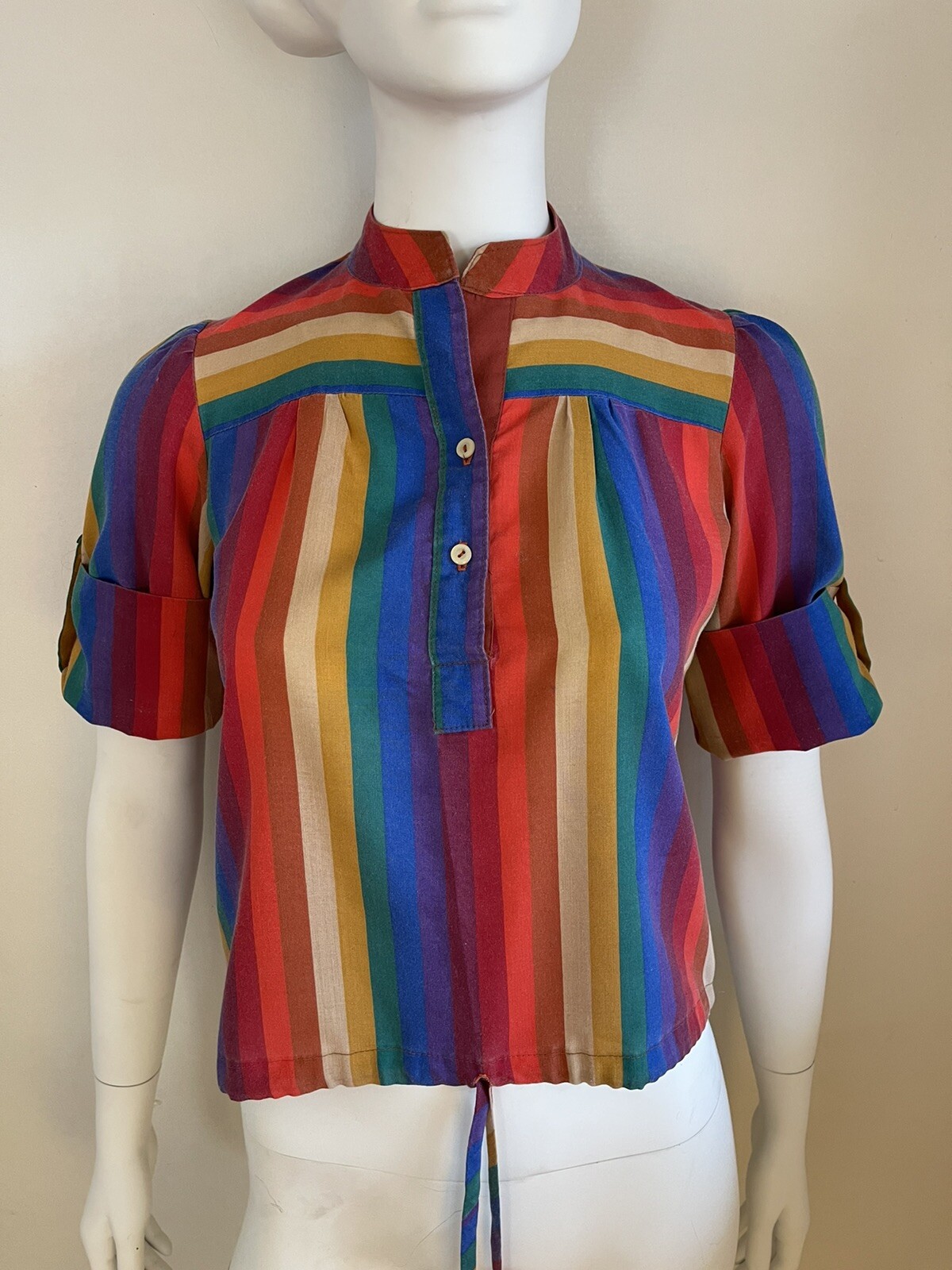 Vintage 1970s or 80s Byer California Rainbow Striped Drawstring Hem Top – Small