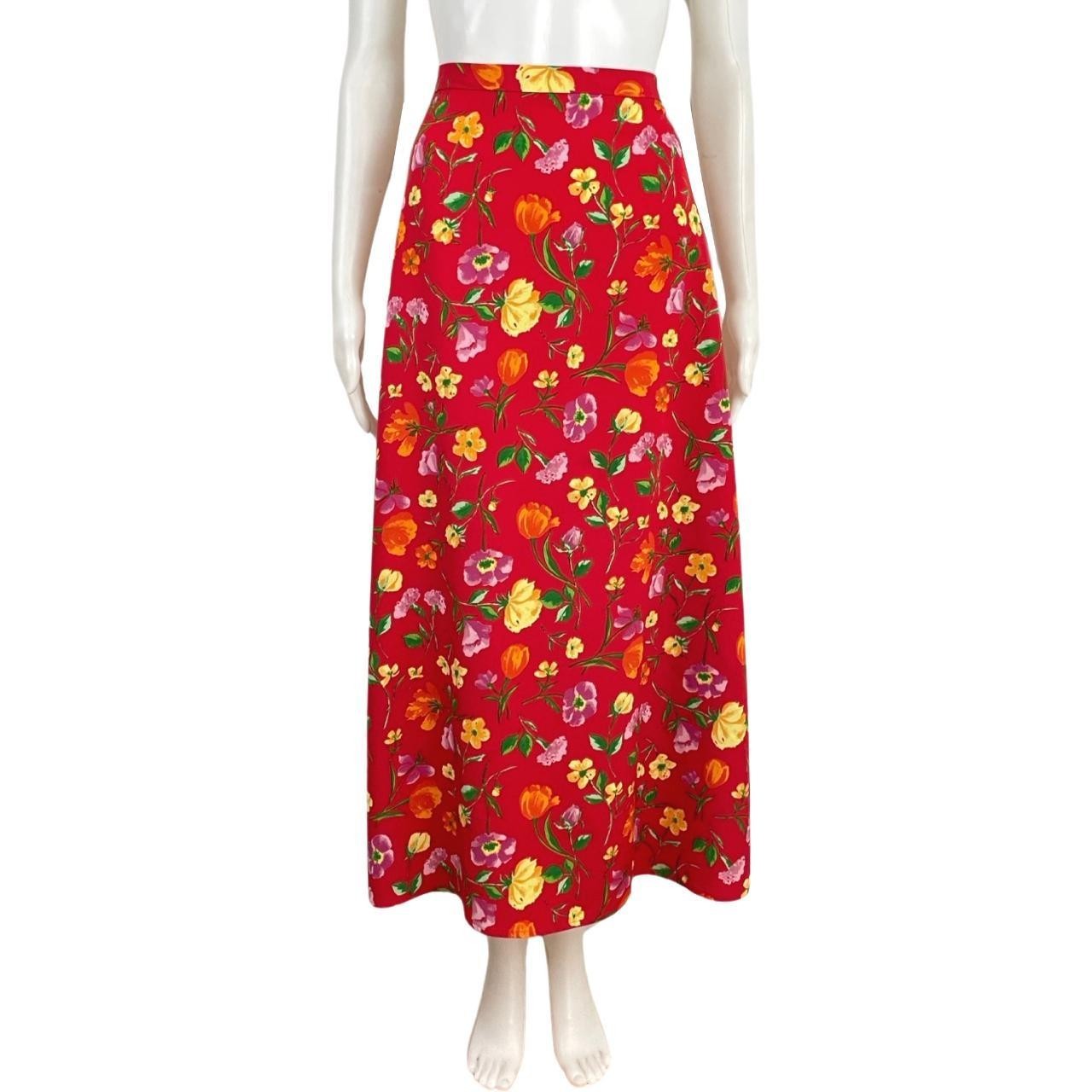 Vintage Floral Print Skirt Size Medium/Large 30-32″ Waist 1990s Red Maxi A-Line