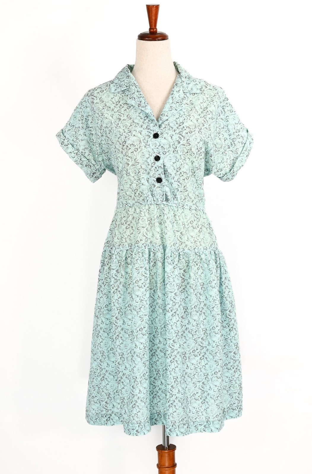 Vintage 80s Mint Blue & Grey Floral SALLY LOU Short Sleeve Dress – 12