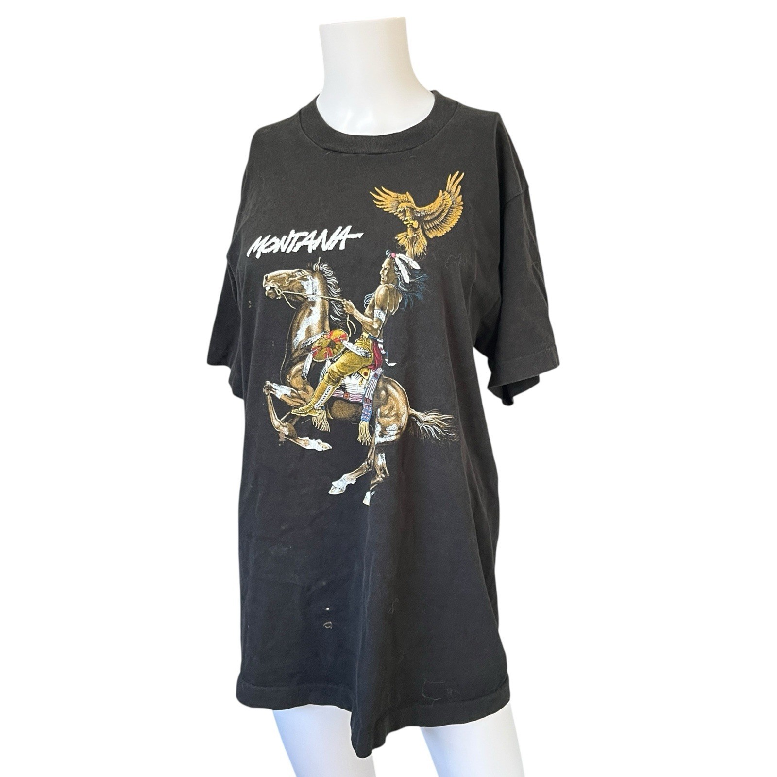 Vintage Black Montana Graphic T-shirt Native American Horse Size Large L