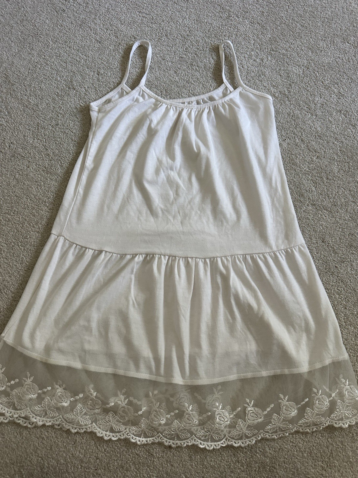 Women’s White Spaghetti Strap Slip / Chemise Lingerie with Lace Hem Trim