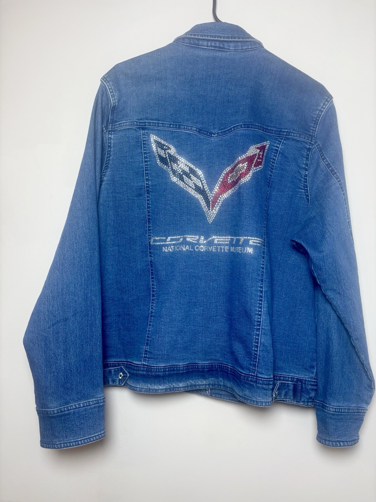 C8 Corvette Jeweled Denim Jacket embroidered jeweled logo on the back.