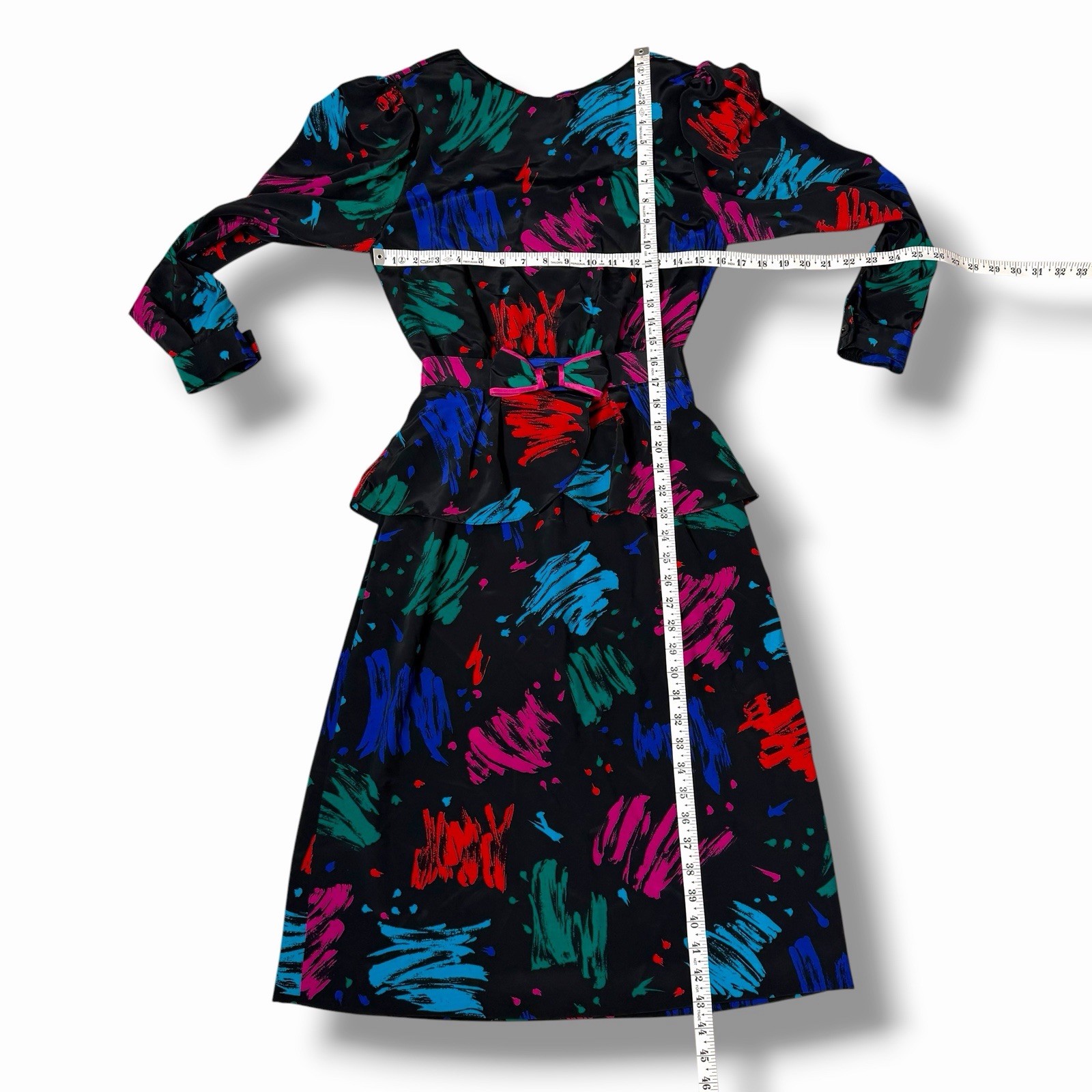 Vintage 80s LANZ Abstract Brushstroke Midi Dress Belted Peplum Pockets Small ?