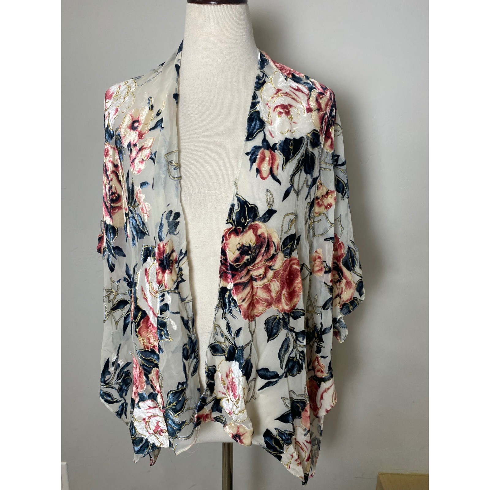Vintage 90s Velvet Burnout Floral Kimono Wrap Gold Metallic Rose Sheer Cardigan