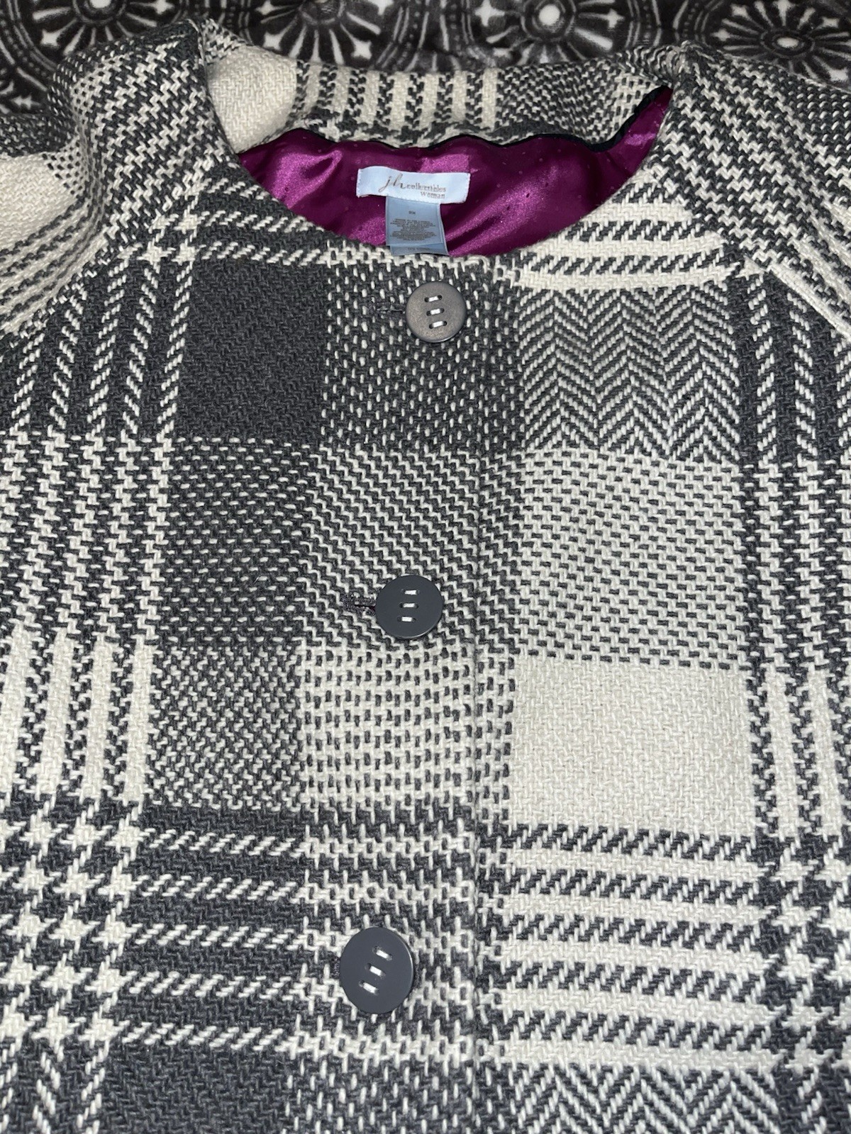 VTG JH Collectibles Gray Plaid 3/4 length Wool Swing Coat Size 2XL