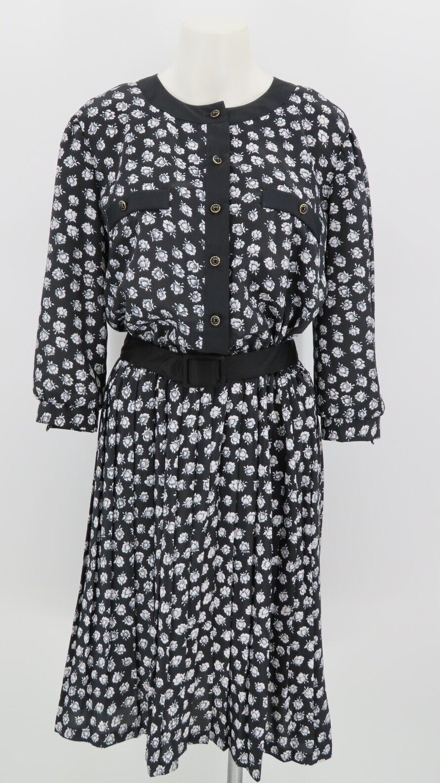 VTG 80s Breli 3/4 Sleeve Black White Floral Midi Dress Made in USA Gold Buttons