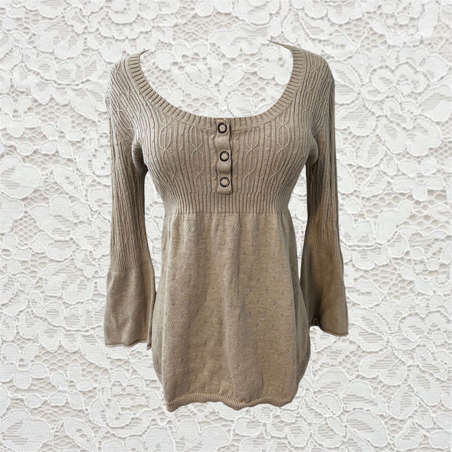 vintage dkny bell sleeve babydoll sweater with henley buttons