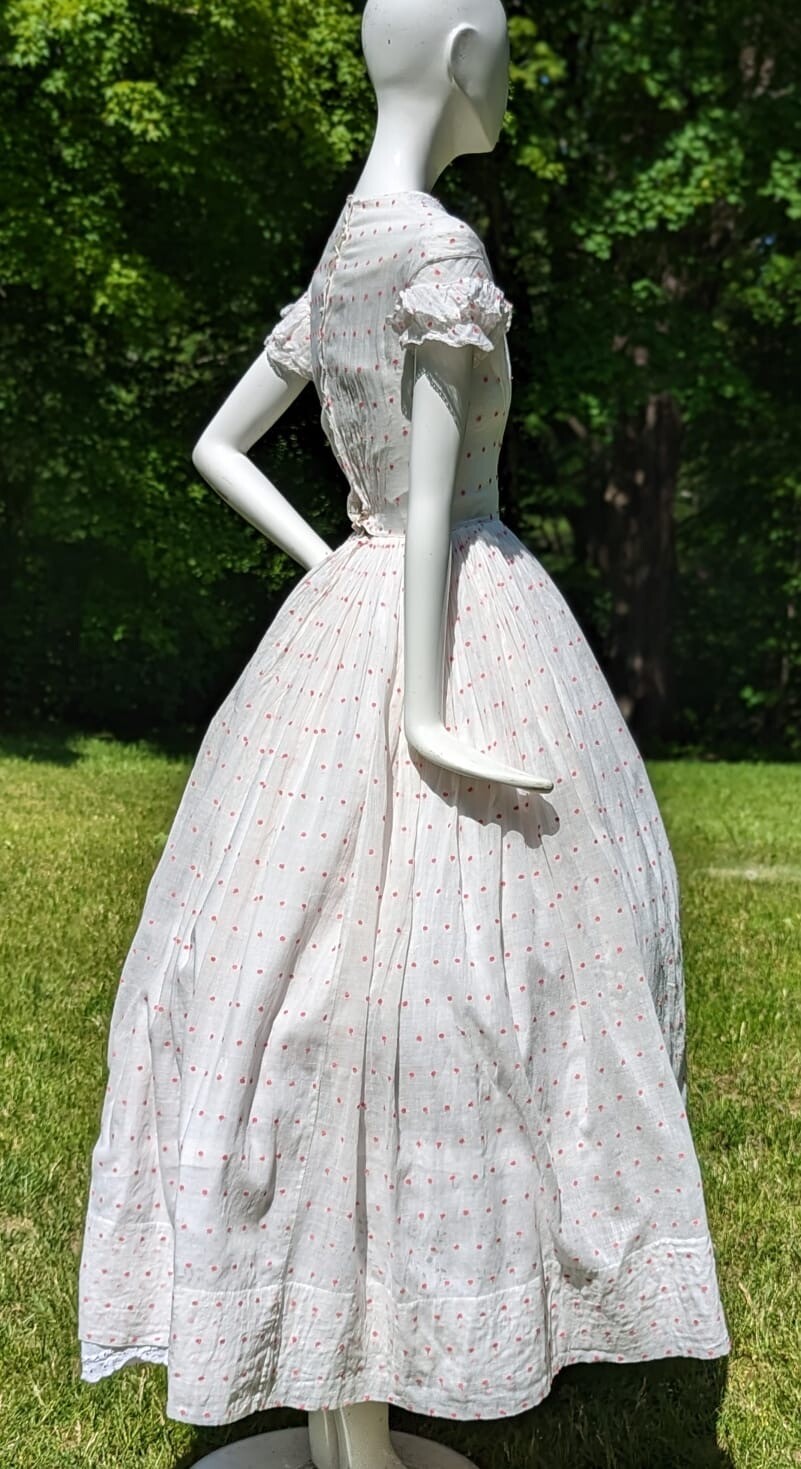 CIVIL WAR ERA SHEER PINK SWISS DOT MUSLIN SUMMER DRESS W CAP SLEEVES