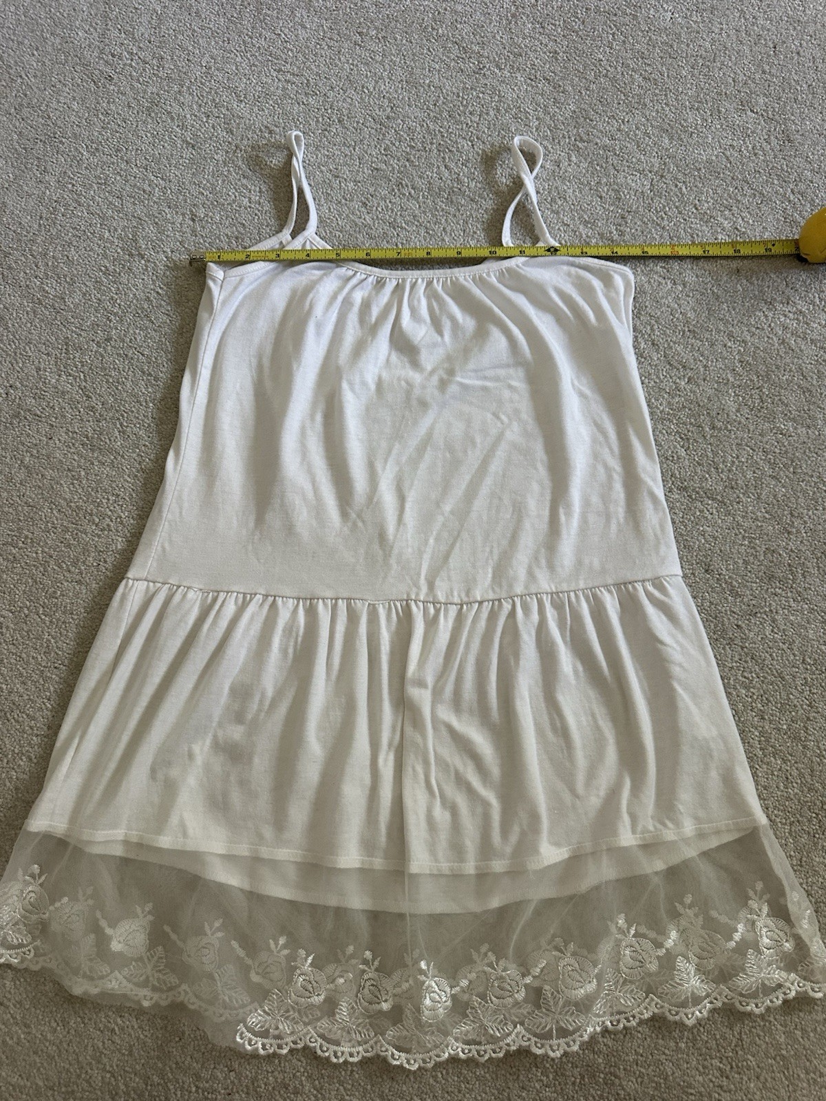 Women’s White Spaghetti Strap Slip / Chemise Lingerie with Lace Hem Trim