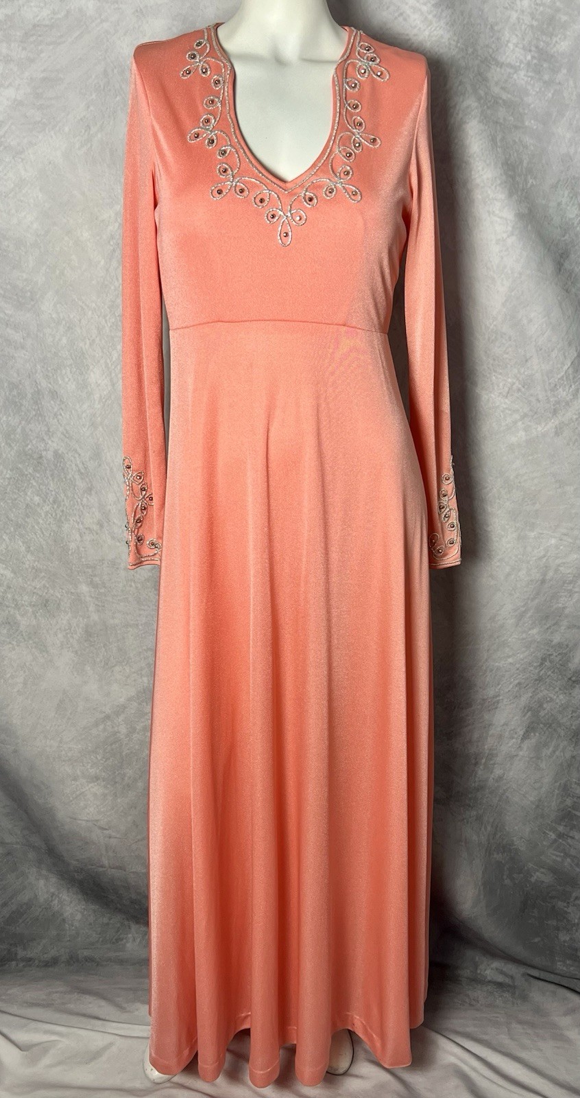 Vintage 1970s Emma Domb Coral Pink Rhinestone Silver Trim Long Sleeve Maxi Dress